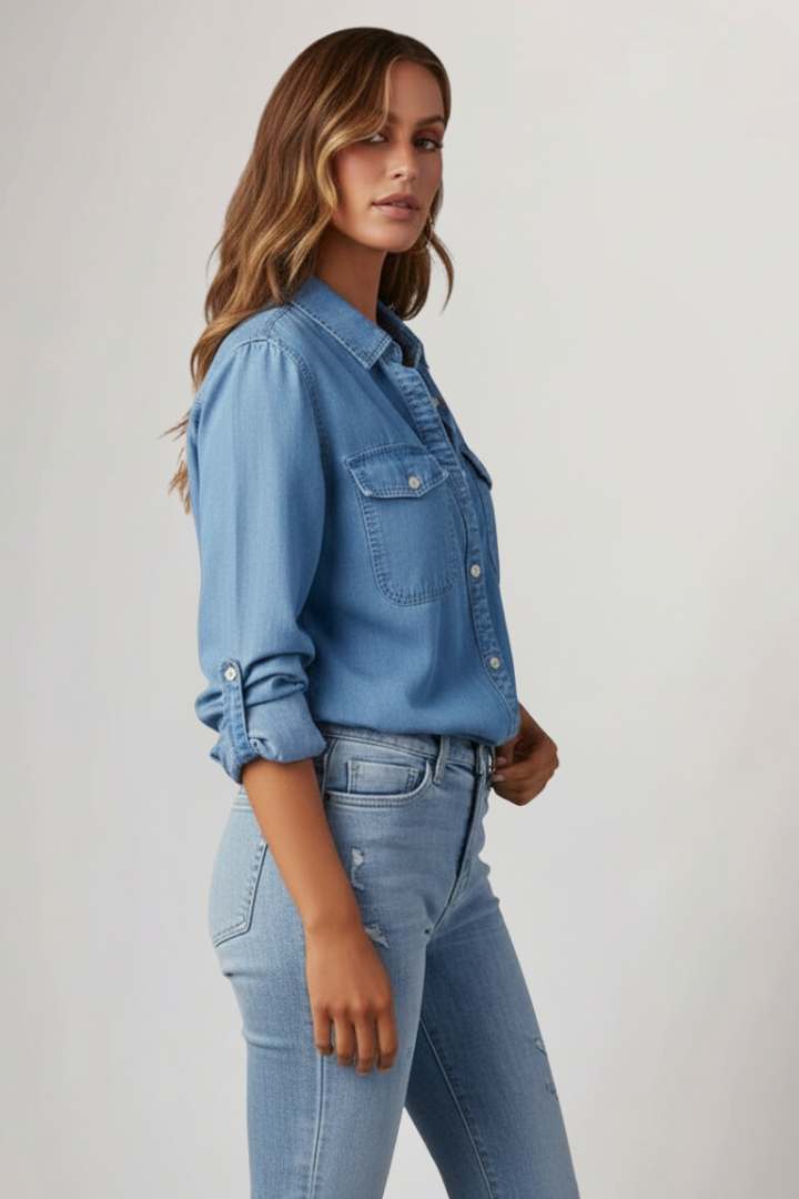 Damen Denimhemd Langärmlig Knöpfe Vorne Blau