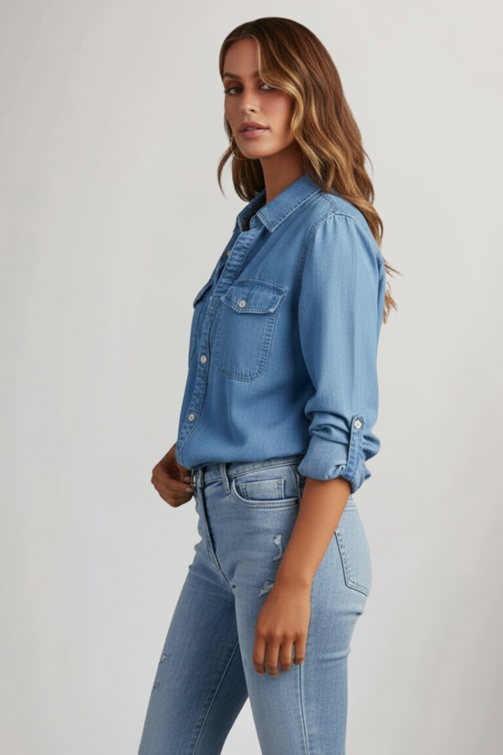 Damen Denimhemd Langärmlig Knöpfe Vorne Blau