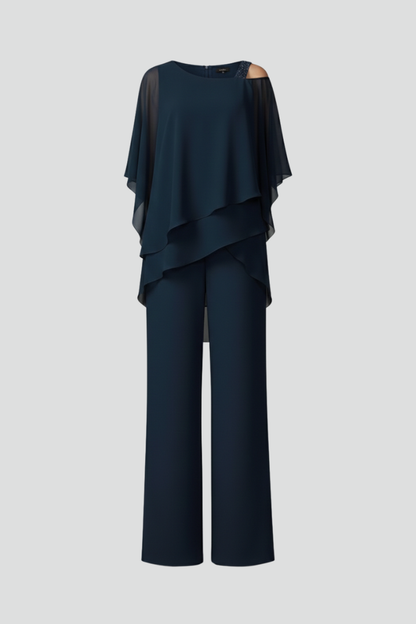 Damen Cold-Shoulder Jumpsuit Fließend Weite Hose Schwarz - Eveloria