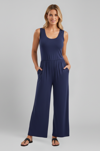 Damen Rundhals Jumpsuit Wide-Leg mit elastischem Bund