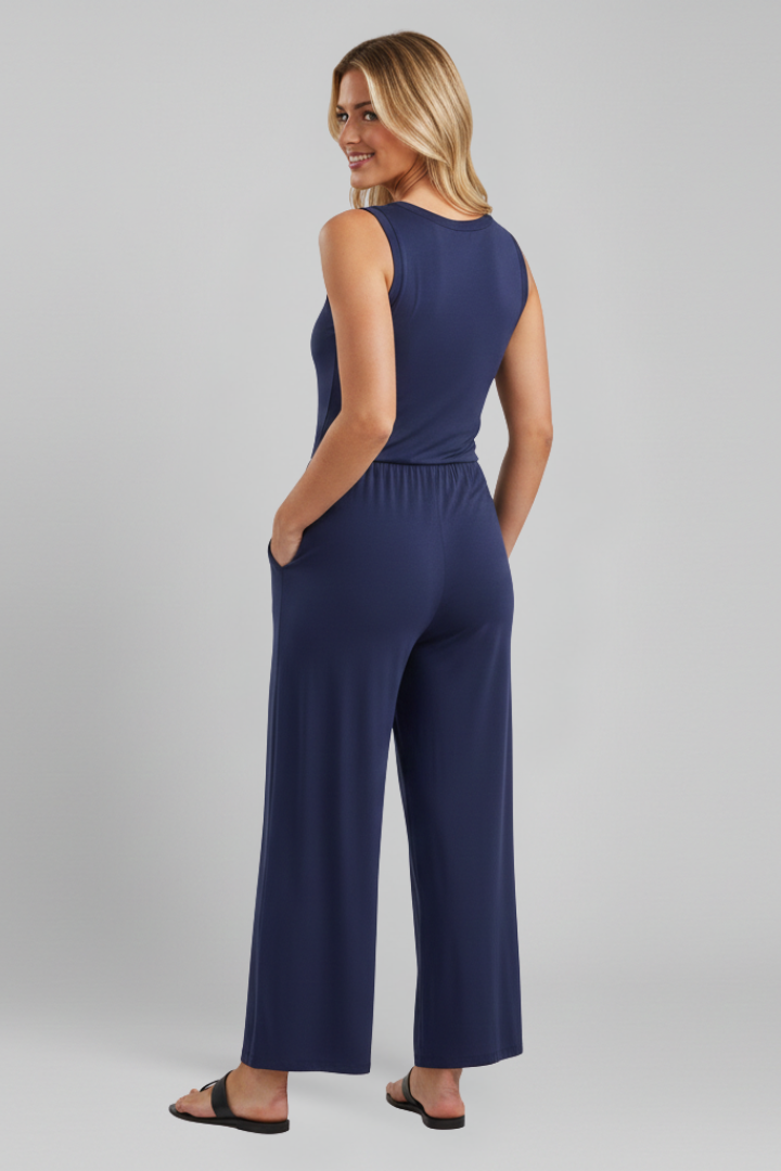 Damen Rundhals Jumpsuit Wide-Leg mit elastischem Bund