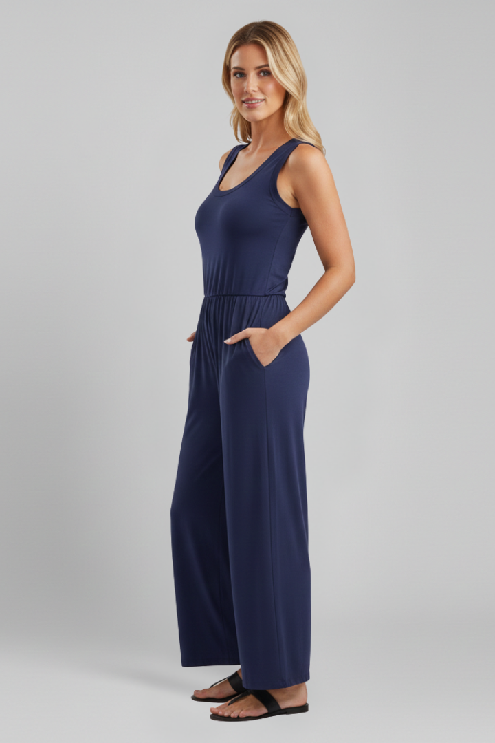Damen Rundhals Jumpsuit Wide-Leg mit elastischem Bund