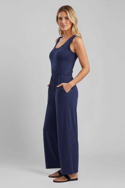 Damen Rundhals Jumpsuit Wide-Leg mit elastischem Bund