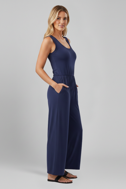 Damen Rundhals Jumpsuit Wide-Leg mit elastischem Bund