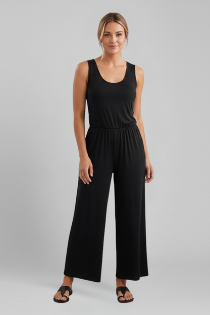Damen Rundhals Jumpsuit Wide-Leg mit elastischem Bund