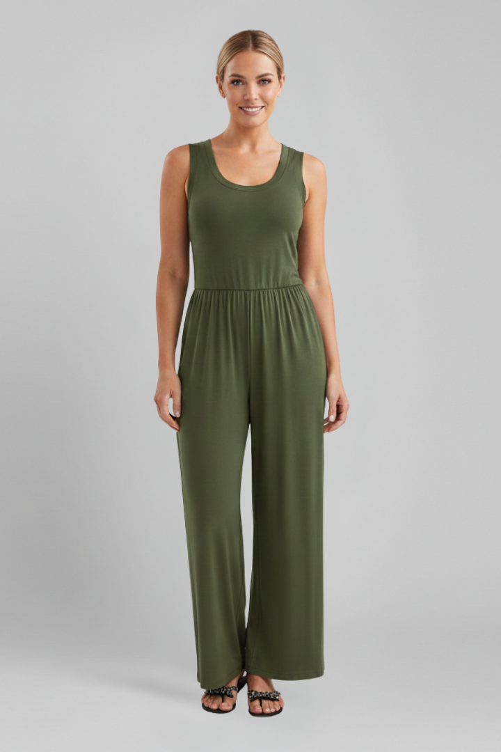 Damen Rundhals Jumpsuit Wide-Leg mit elastischem Bund