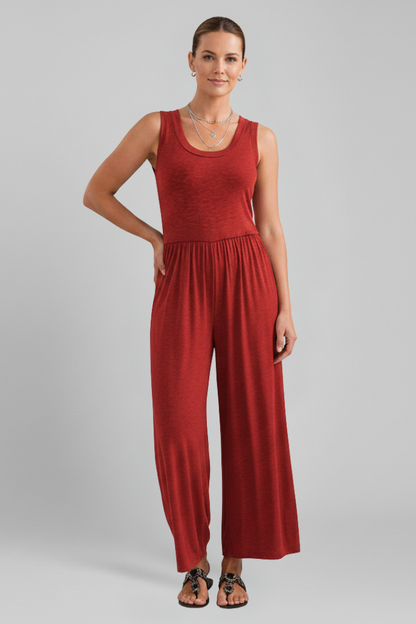 Damen Rundhals Jumpsuit Wide-Leg mit elastischem Bund