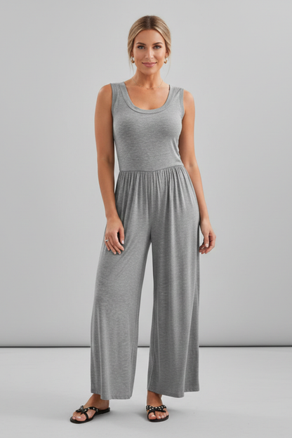 Damen Rundhals Jumpsuit Wide-Leg mit elastischem Bund