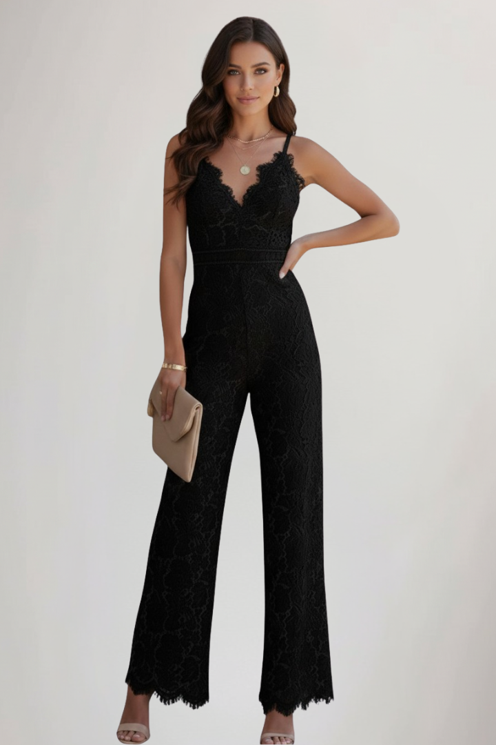 Damen Ärmellose Jumpsuit Spitze V-Ausschnitt Weite Hose