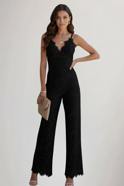 Damen Ärmellose Jumpsuit Spitze V-Ausschnitt Weite Hose