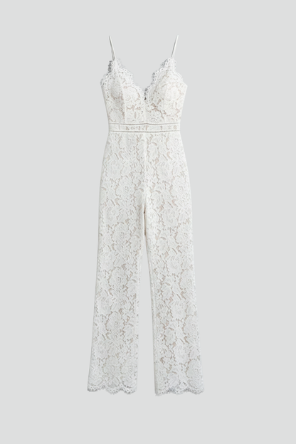 Damen Ärmellose Jumpsuit Spitze V-Ausschnitt Weite Hose - Eveloria