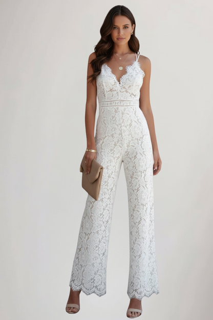 Damen Ärmellose Jumpsuit Spitze V-Ausschnitt Weite Hose