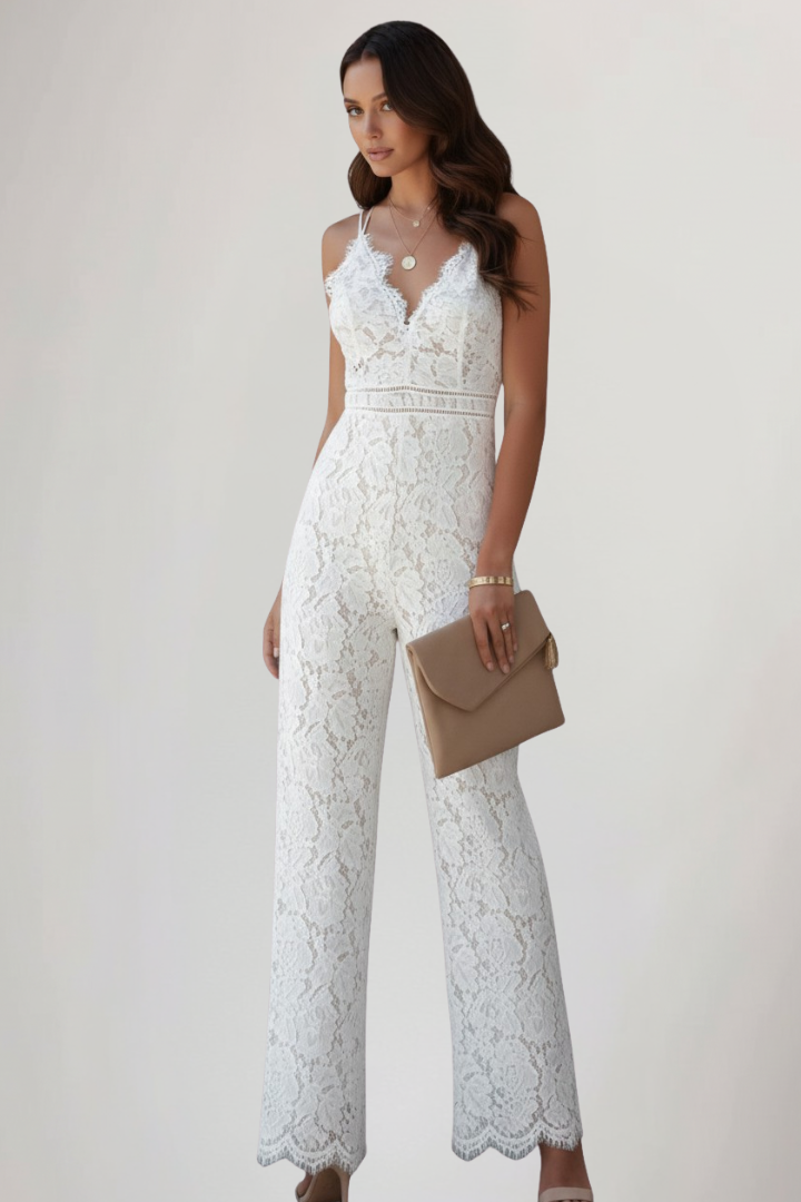 Damen Ärmellose Jumpsuit Spitze V-Ausschnitt Weite Hose