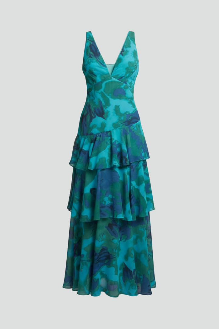 Damen Maxikleid Gestuft V-Ausschnitt Schwarz - Eveloria