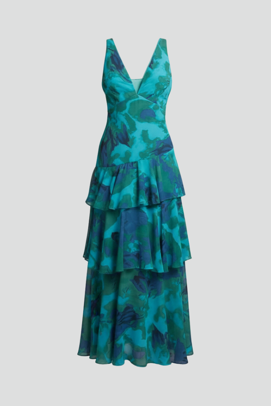 Damen Maxikleid Gestuft V-Ausschnitt Schwarz - Eveloria