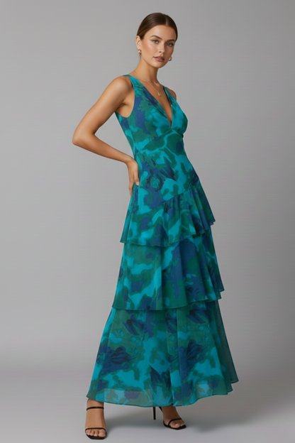 Damen Maxikleid Gestuft V-Ausschnitt