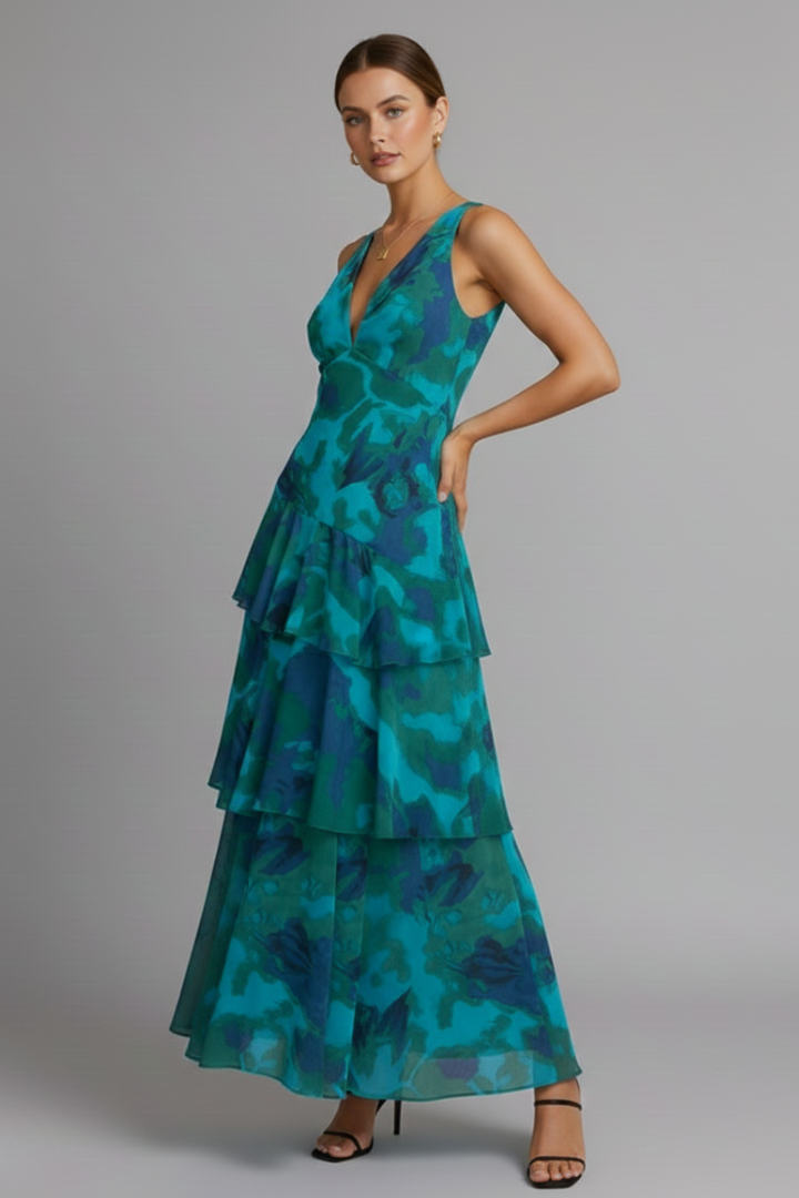 Damen Maxikleid Gestuft V-Ausschnitt