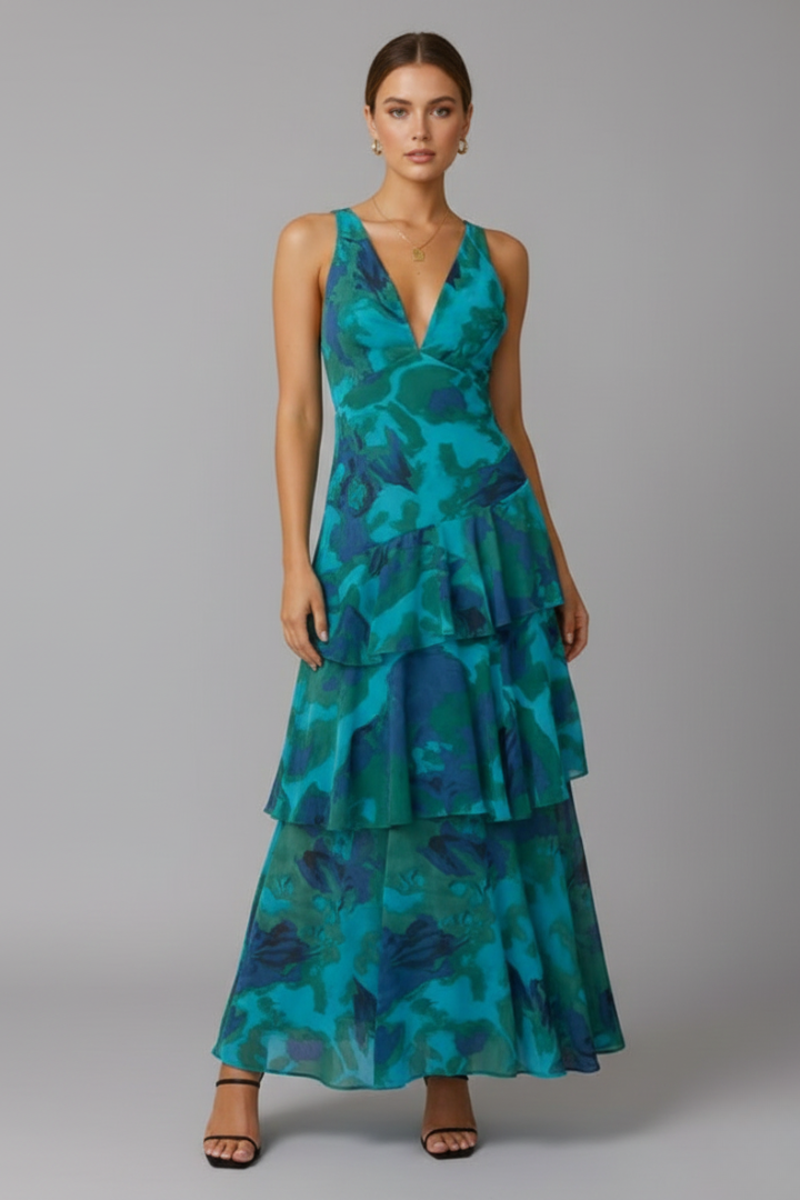 Damen Maxikleid Gestuft V-Ausschnitt