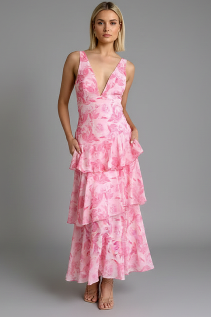 Damen Maxikleid Gestuft V-Ausschnitt