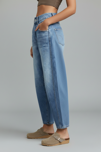Damen Mid-Waist Denim Jeans mit Frontverschluss Blau