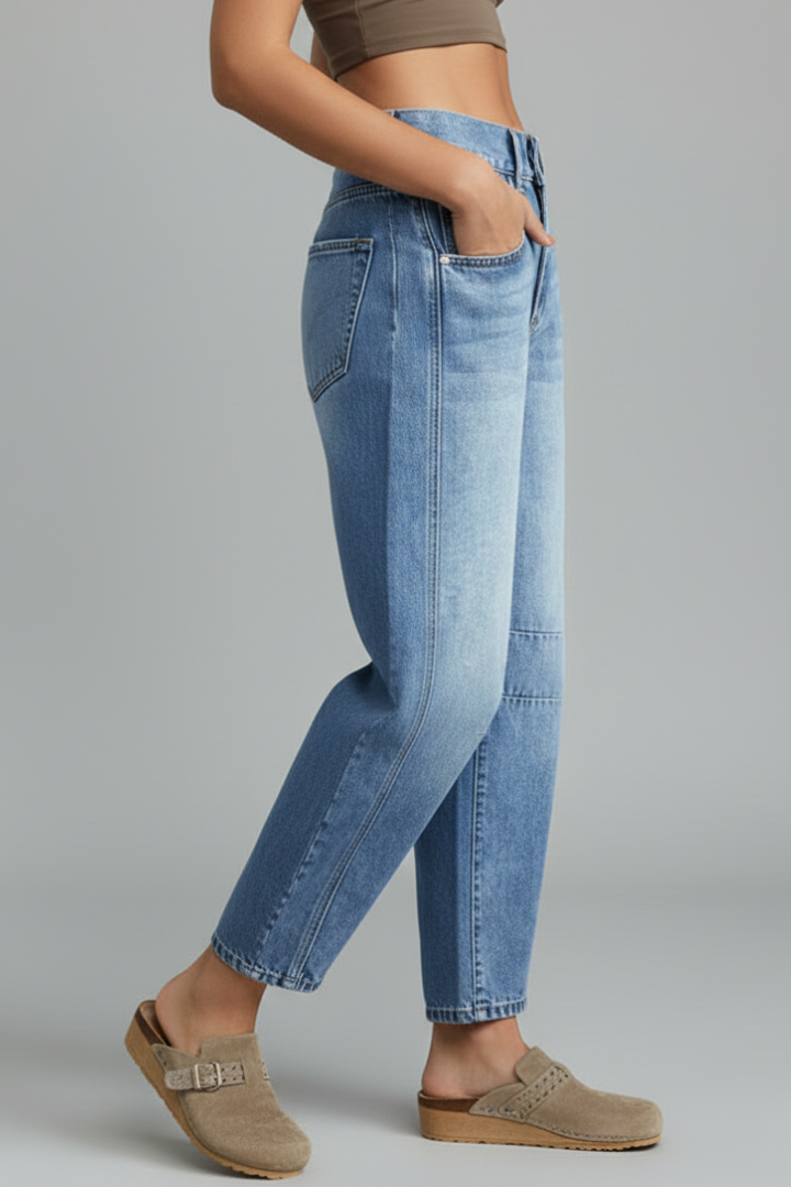 Damen Mid-Waist Denim Jeans mit Frontverschluss Blau