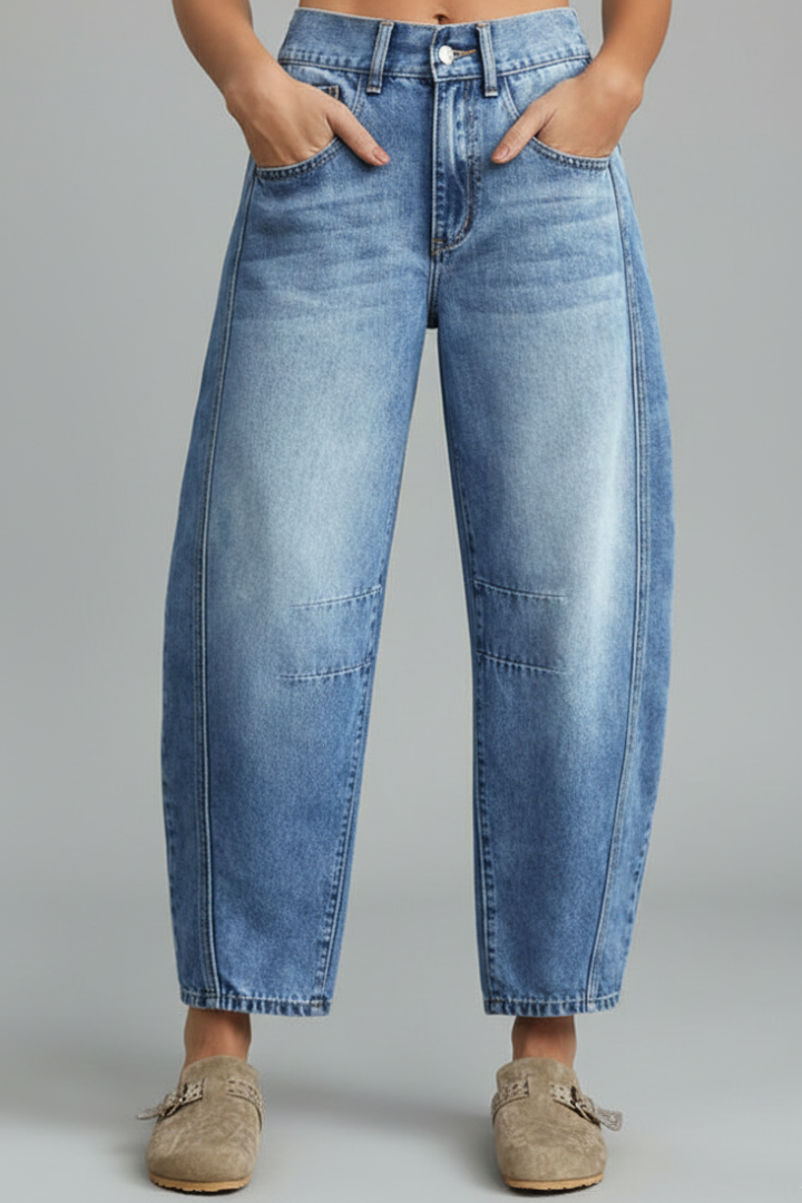 Damen Mid-Waist Denim Jeans mit Frontverschluss Blau