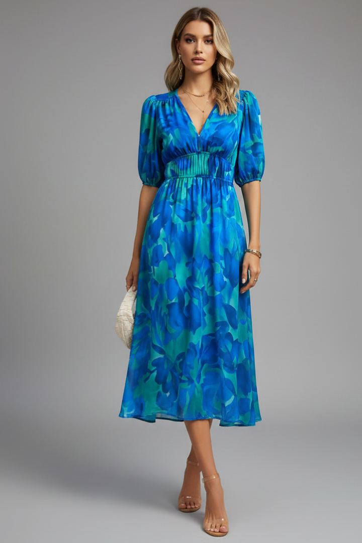 Damen Blumenkleid Midikleid Puffärmel