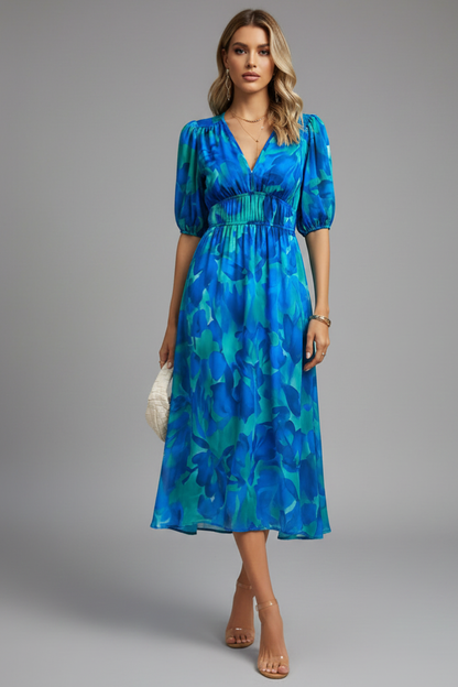 Damen Blumenkleid Midikleid Puffärmel