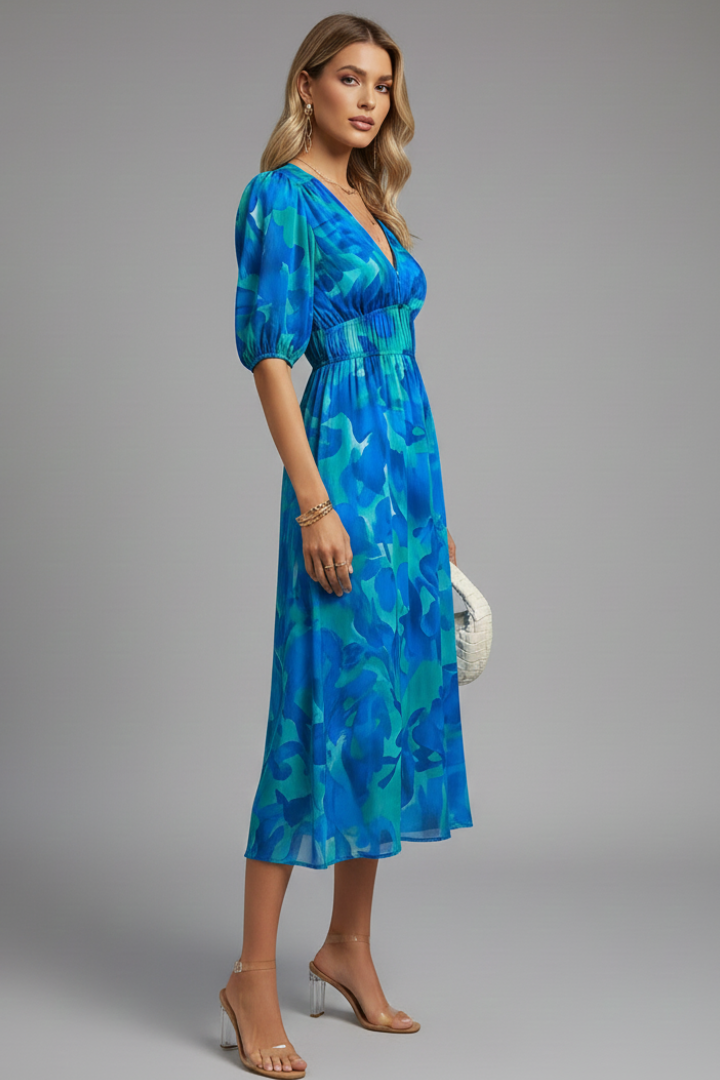 Damen Blumenkleid Midikleid Puffärmel