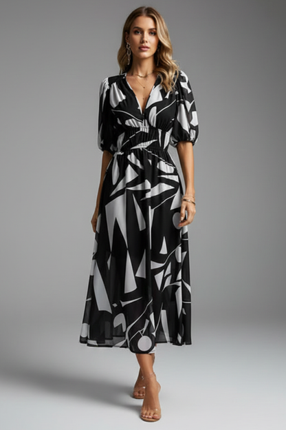 Damen Blumenkleid Midikleid Puffärmel