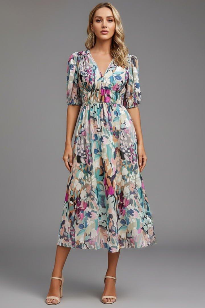 Damen Blumenkleid Midikleid Puffärmel