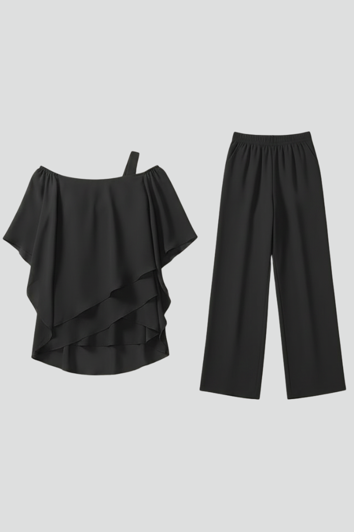 Damen Off-Shoulder Jumpsuit Fließend Weite Bein Schwarz - Eveloria