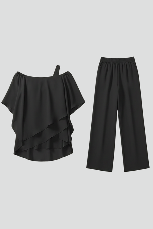Damen Off-Shoulder Jumpsuit Fließend Weite Bein Schwarz - Eveloria