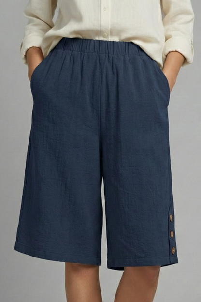 Damen Shorts Elastischer Bund Weites Bein Knöpfe