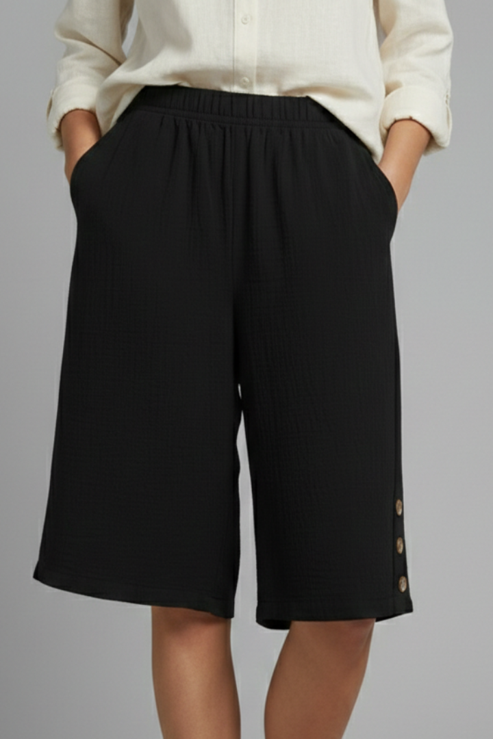 Damen Shorts Elastischer Bund Weites Bein Knöpfe
