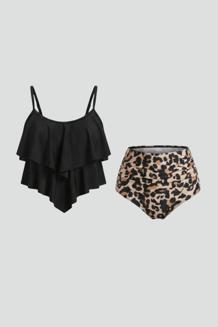 Isabella Damen Tankini-Set Rüschen Hochtailliert Schwarz - Eveloria