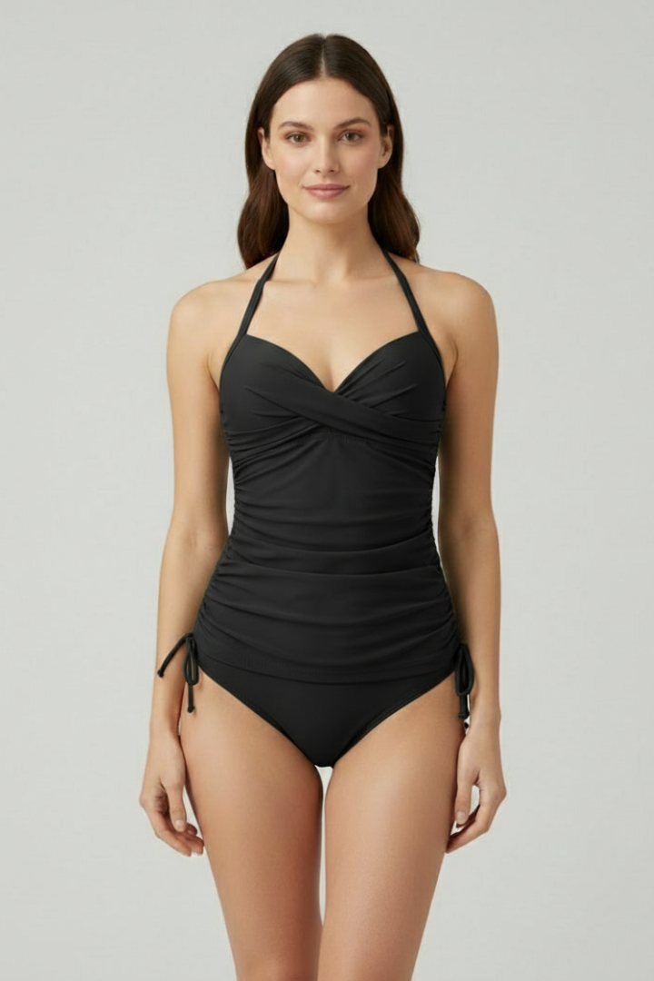 Damen Geraffter Tankini Badeanzug V-Ausschnitt