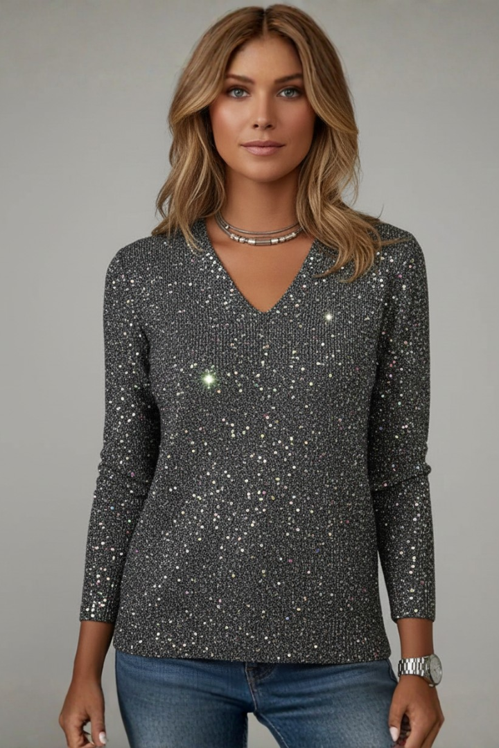 Damen Paillettenpullover V-Ausschnitt Länge Mit langen Ärmeln