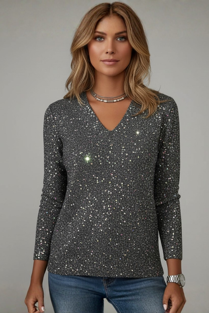 Damen Paillettenpullover V-Ausschnitt Länge Mit langen Ärmeln