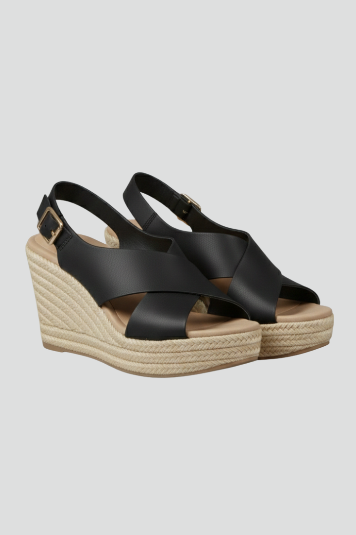 Damen Keilsandaletten Slingback Riemen Überkreuz Schwarz - Eveloria