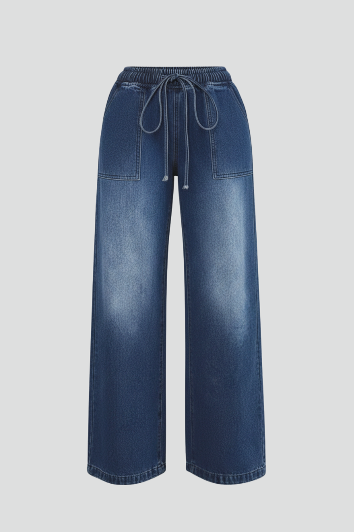 Damen Weitbeinige Hose mit Kordelzug und Aufgesetzten Taschen Beige - Eveloria