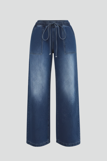 Damen Weitbeinige Hose mit Kordelzug und Aufgesetzten Taschen Beige - Eveloria