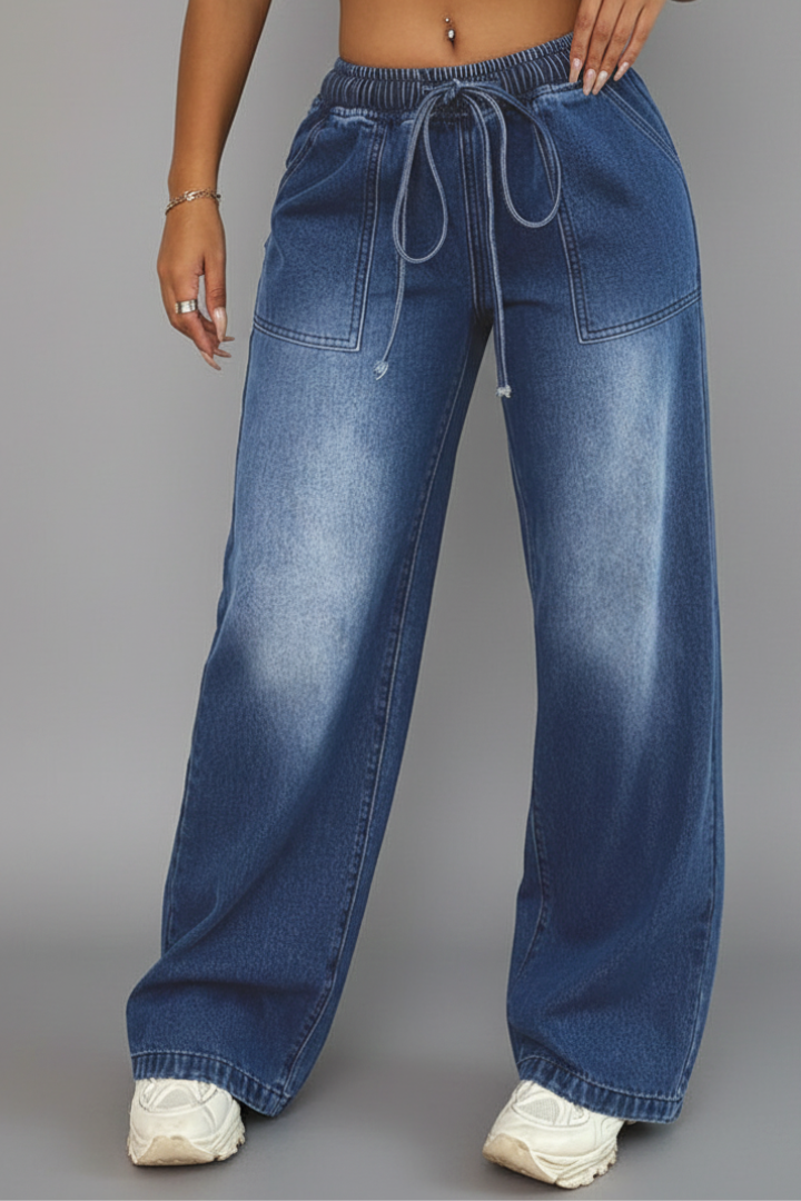 Damen Weitbeinige Hose mit Kordelzug und Aufgesetzten Taschen Beige