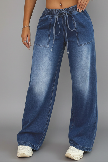 Damen Weitbeinige Hose mit Kordelzug und Aufgesetzten Taschen Beige