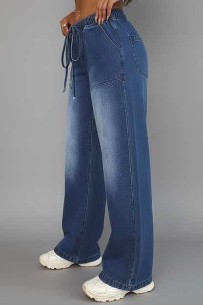 Damen Weitbeinige Hose mit Kordelzug und Aufgesetzten Taschen Beige
