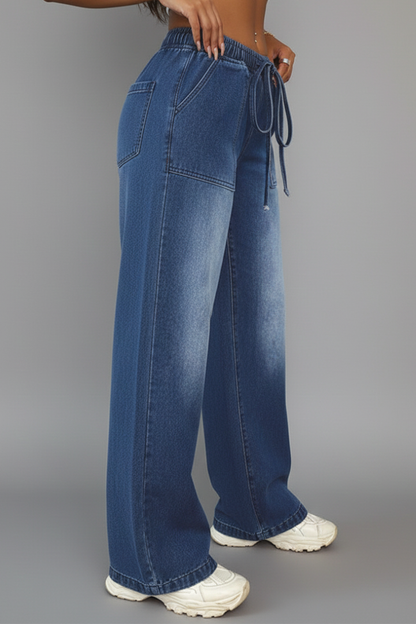 Damen Weitbeinige Hose mit Kordelzug und Aufgesetzten Taschen Beige