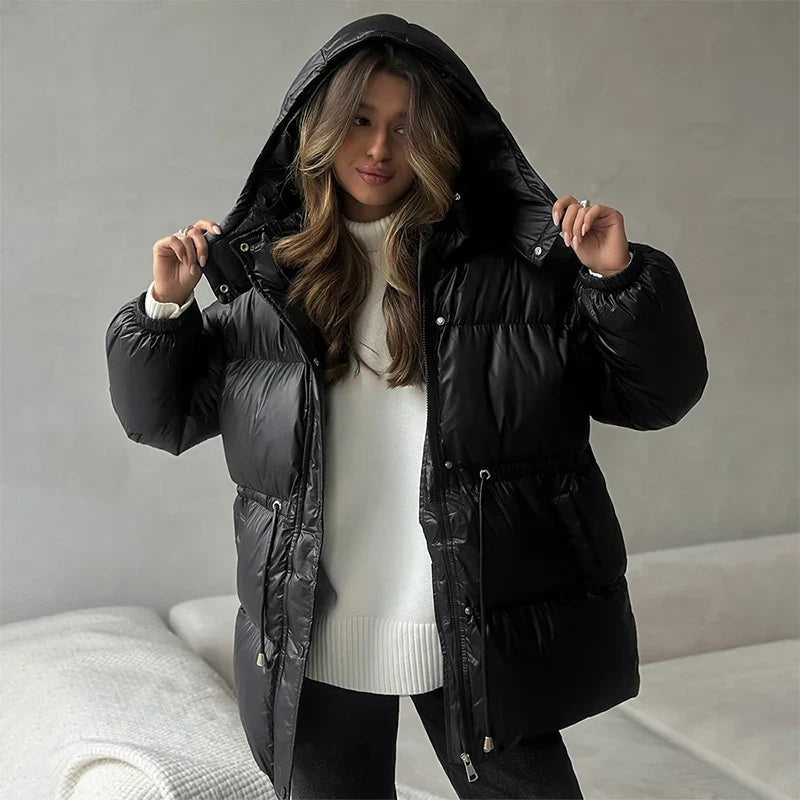Damen Winter-Steppjacke Kordelzug Glanzfinish