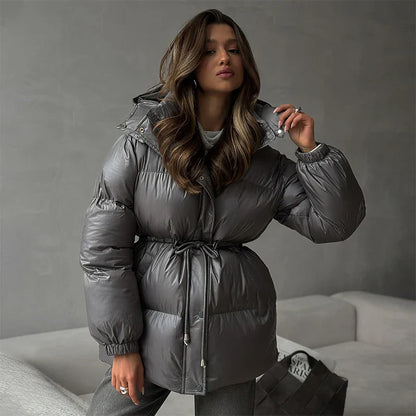 Damen Winter-Steppjacke Kordelzug Glanzfinish