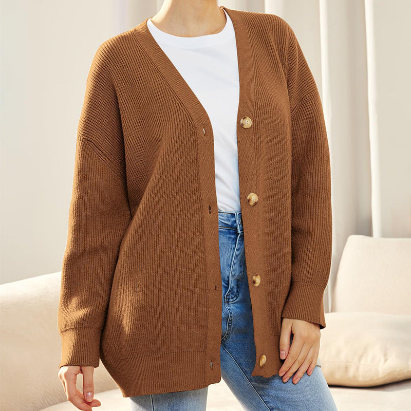 Damen Cardigan V-Ausschnitt Lässig Knöpfe Beige