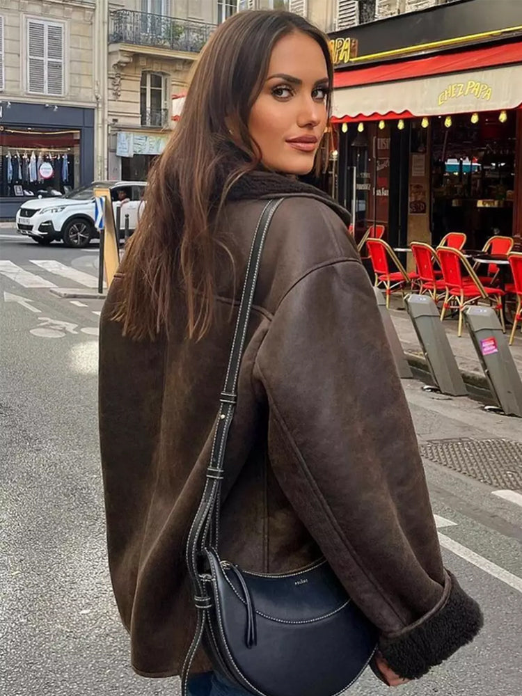 Damen Leder Winterjacke Locker Geschnitten